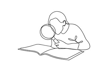 Person examining book with magnifying glass continuous-line drawing