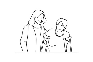 Woman supporting person using crutches continuous line art