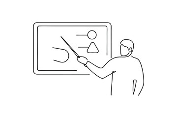 Continuous-line drawing teacher presenting data on whiteboard