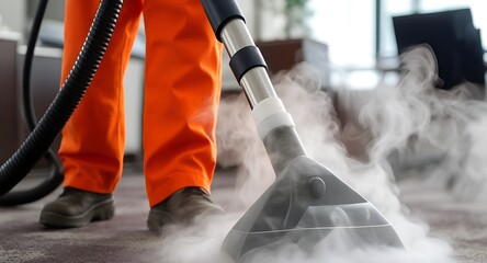 Professional steam cleaning of carpet with industrial equipment. Worker in orange uniform disinfecting floor. Concept of deep cleaning, hygiene, and sanitation in residential or commercial spaces.