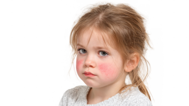 Little girl with red rash on her cheeks, a symptom of fifth disease, also known as slapped cheek syndrome or erythema infectiosum, isolated on transparent background