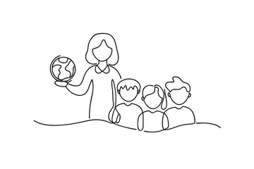 Teacher with globe and three students continuous-line drawing
