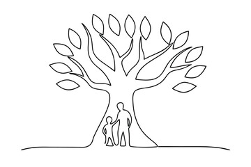 Father and child standing under a large tree continuous-line drawing