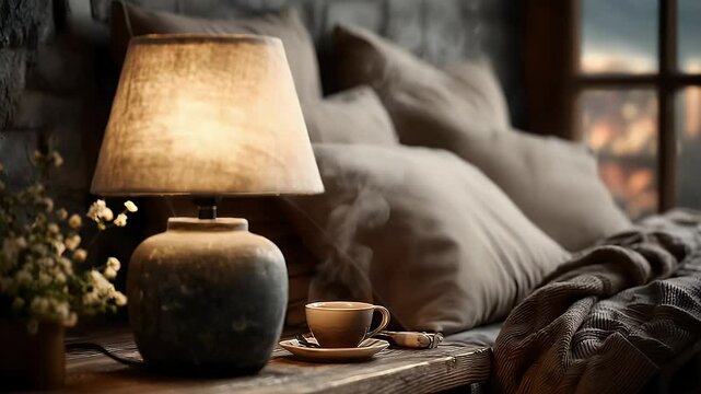 Cozy Bedroom Scene with Lamp, Coffee, and Rising Steam in Evening