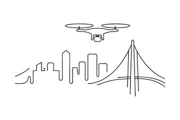 Drone flying over cityscape continuous-line art minimalist design