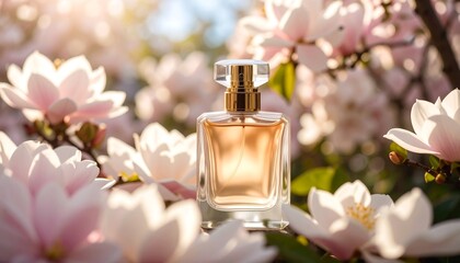 Perfume bottle amidst magnolia blossoms