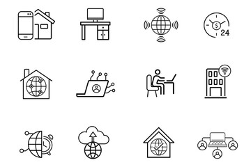 Work from home line icons set. Remote work, work online, freelancing, home office, digital nomad, portfolio, virtual meeting and video call icons. Editable vector illustration