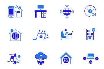 Work from home solid icons set. Remote work, work online, freelancing, home office, digital nomad, portfolio, virtual meeting, video call icons. Flat UI vector set. Editable vector illustration