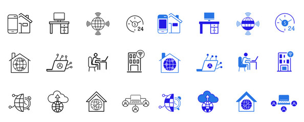 Work from home solid and line icons set. Remote work, work online, freelancing, home office, digital nomad, portfolio, virtual meeting, video call icons. Flat vector set. Editable vector illustration