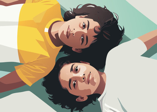 Two boys lying down together, in a minimalist style, with pastel colors, for social media posts