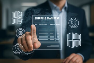 A professional man uses futuristic augmented reality technology to showcase shipping manifest, emphasizing the security and efficiency of modern cargo logistics. 