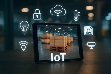 A tablet showcases an advanced IoT warehouse, showcasing seamless data-driven logistics. Integrating digital icons for a modern supply chain solution.