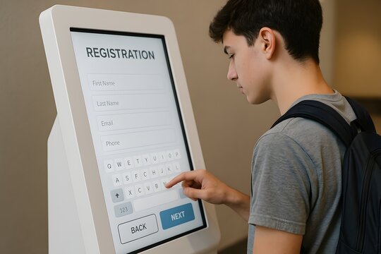 A young individual engages with a registration kiosk, his focused gaze and poised finger on the digital interface, ready to fill out the essential details.