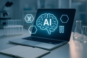 AI brain interface on laptop screen in a laboratory setting.
