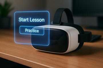 An immersive virtual reality headset invites exploration with floating options 'Start Lesson' and 'Practice', symbolizing innovative learning and future technology.