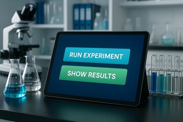 A modern laboratory setup showcasing a tablet with experimental options, complemented by scientific glassware, indicating a cutting-edge research environment.