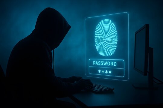 A shadowy figure attempts to hack a computer system, symbolized by a glowing fingerprint scanner with the word "PASSWORD" displayed, representing the threat of data theft and cybersecurity concerns.
