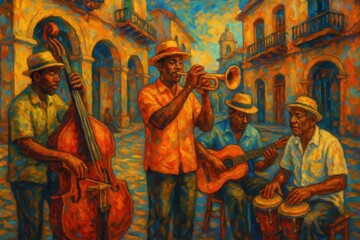 Jazz Street Performance with Havana Musicians and Vibrant Oil Painting Style