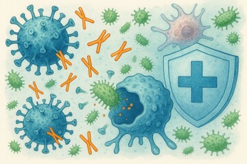 Human Immune System Defense Visualization with Antibodies Fighting Virus and Bacterial Infections
