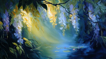 A calming oil painting of a serene, moonlit garden with delicate, luminous brushstrokes that create a sense of tranquility and magic, perfect for art therapy and relaxation.

