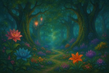Magical Fantasy Forest Garden with Enchanted Trees and Exotic Flowering Paradise Landscape
