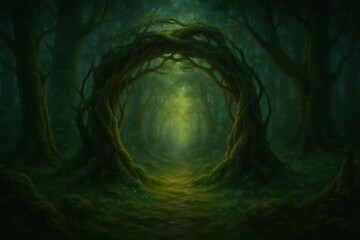 Magical Forest Portal with Tree Branch Arch and Enchanted Woodland Gateway