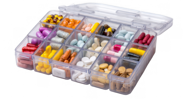Open transparent medication organizer showcasing a variety of colorful pills, capsules, and tablets, arranged for daily or weekly doses, isolated on a transparent background