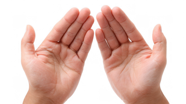 Two open hands, palms facing each other, gesturing on a transparent background, evoke feelings of offering, receiving, and prayer, symbolizing hope, connection, and spirituality