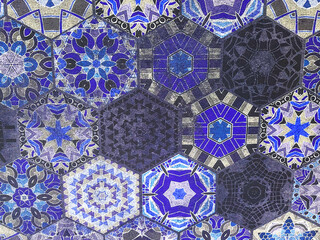 This intricate mosaic pattern features a beautiful array of blue and purple tiles. Intricate mosaic...