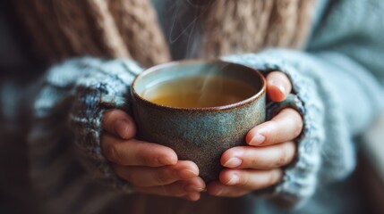 Hands holding warm herbal tea in a ceramic cup
