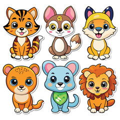 Cute cartoon animals, various species, sitting poses, bright colors, kid-friendly