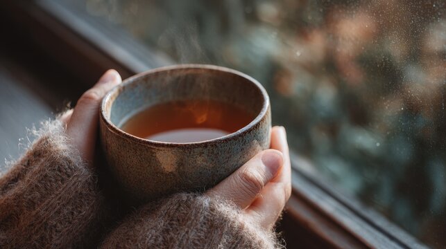 Hands holding warm herbal tea in a ceramic cup