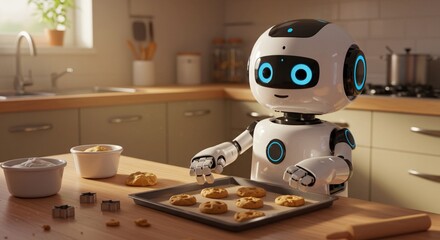Friendly robot baking delicious cookies in modern kitchen 3d home food cute warm home sweet tasty