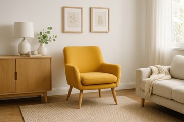 Warm Living Room Interior with Yellow Armchair and Minimalist White Wall Design