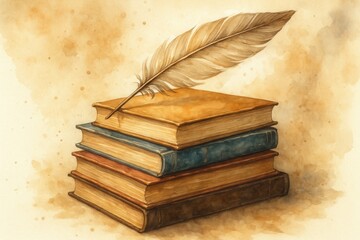 Watercolor Books with Feather Illustration and Literary Art Design
