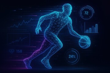 Wireframe Basketball Player with Dynamic Sports Technology and Athletic Performance Visualization