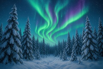 Winter Forest Aurora Landscape with Northern Lights and Magical Arctic Atmosphere