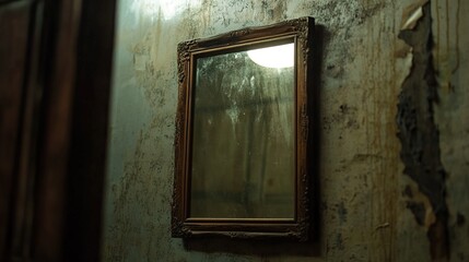 Framed mirror on decaying wall with peeling paint, aged and weathered look