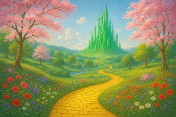 Yellow Brick Road Leading to Emerald City with Fantasy Oz Adventure and Magical Journey
