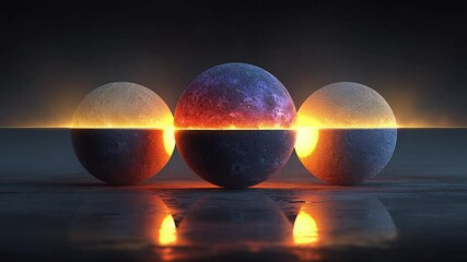 Abstract cosmic spheres with glowing horizon line reflected on a smooth surface