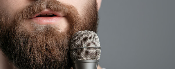 A bearded man with parted lips is holding a microphone close to mouth. Speech, performance, podcast, music