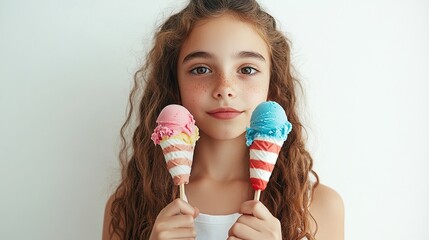 Girl holds two ice cream cones with red/white striped wrappers