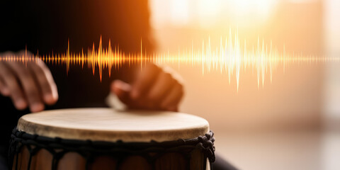 Hands are playing a drum, with vibrant sound waves visualized in the foreground. Concept: music, rhythm, sound, performance, creativity