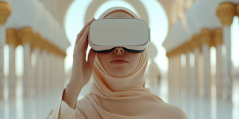 Woman wearing a hijab is using virtual reality goggles in an ornate setting. Modern technology meets tradition