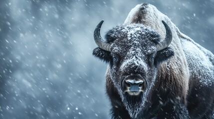Majestic bison stands resilient against a fierce winter storm in Yellowstone, showcasing strength amidst swirling snowflakes and gusty winds