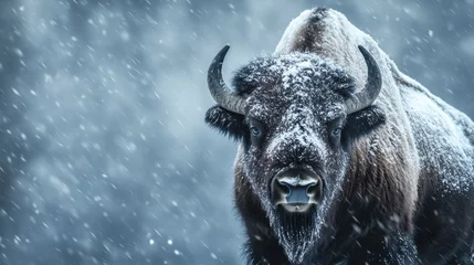 Fotobehang Bizon Majestic bison stands resilient against a fierce winter storm in Yellowstone, showcasing strength amidst swirling snowflakes and gusty winds  © Руслан Хайруллин