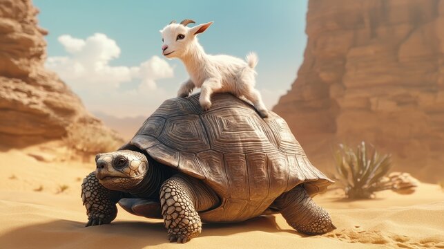 Baby goat enjoys a leisurely ride atop a giant tortoise in a sunlit desert landscape with striking contrast between speed and temperament