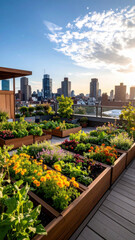 Fototapeta premium Vibrant rooftop garden flourishing with colorful flowers and vegetables, showcasing urban gardening amidst stunning city skyline sunset. scene evokes sense of tranquility and connection to nature