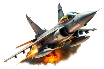 Grey Fighter Jet in Flight Side View Dramatic Lighting Intense Orange and Yellow Flames from Engines Smoke Trails A I G E N E R A T E D - P N G isolated on a transparent background