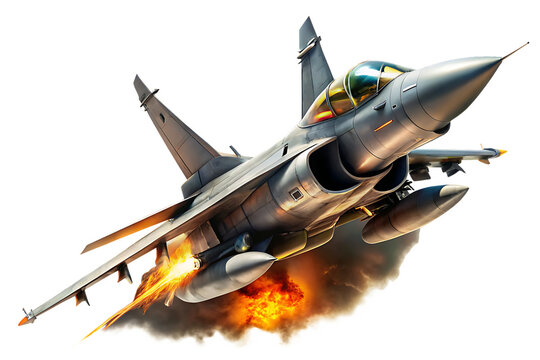 Grey Fighter Jet in Flight Side View Dramatic Lighting Intense Orange and Yellow Flames from Engines Smoke Trails A I G E N E R A T E D - P N G isolated on a transparent background
